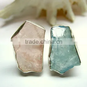Aquamarine & Rose Quartz Rough Natural Gemstone Ring, 925 Solid Sterling Silver Ring, Designer Raw Bowl Shaped Ring thumbnail-1