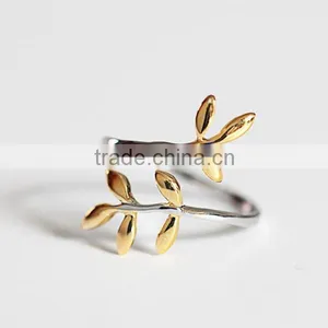 925 Sterling Silver Ring Edition Fresh Electroplating Gold Leaves Open Ring Wholesale thumbnail-1