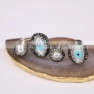 Wholesale Natural Evil Eye Shell Rings, Rhinestone Pave Pearl 925 Sterling Silver Rings in Adjustable Size thumbnail-1