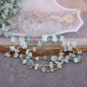 Aquamarine Chip Beads Link Rosary Chains,Brass Wire Wrapped Chain Necklace Bracelet, Fine Jewelry Findings Stone Beaded Chain thumbnail-6