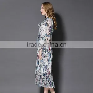 Maxnegio Elegant Maxi Long Sleeve Office Chiffon Pleated Maxi Dress thumbnail-4