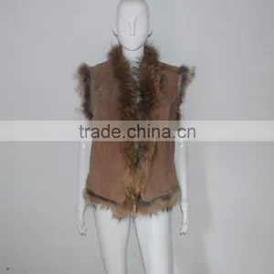 SJ185-01 UK Design Tongxiang Fur Big Raccoon Collar Suede Vests thumbnail-1