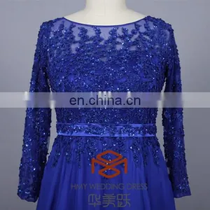 Lace Embroidered Royal Blue Long Sleeves Maxi Evening Dress For Fat Women HMY-CDA041 Ladies Long Evening Party Wear Gown thumbnail-2