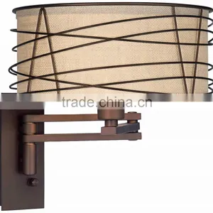 1031-1 Wire Cage Detail Surrounds a Burlap Shade a Rich Bronze Metal Swing Arm Wall Lamp thumbnail-3