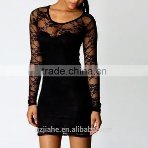 New Fashion Black Sexy Women's Ladies Floral Lace Dress Long Sleeve Bodycon Evening Dress thumbnail-1