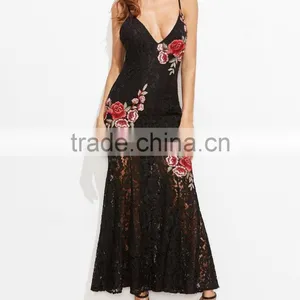 OEM Service Sexy Embroidered Rose Applique Overlay Fishtail Cami Dress Pictures Of Latest Long Gown thumbnail-1