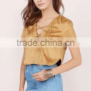 Born Free Tan Faux Suede Lace Up Short Sleeve Crop Top thumbnail-2