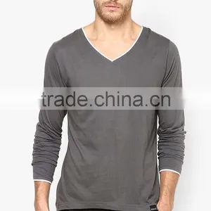 Wholesale 100% Cotton Grey V-neck Long Sleeve T-shirt thumbnail-1