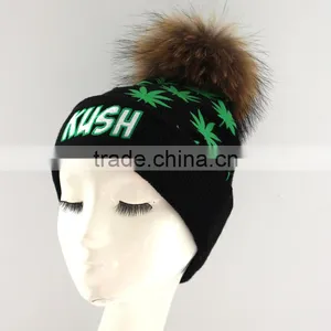 Myfur Adult Screen Green Leaf Printed Skull Hat With Real Fur Pom Pom thumbnail-1