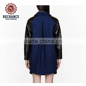 AB1502 Women Leather Sleeves Wool Long Coats thumbnail-2