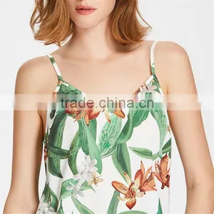 Hot Design Floral Print Sexy Top, Ladies V Neck Silk Short Tan Top thumbnail-5