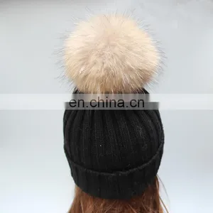 Wholesale Mens Knitted Plain Beanie Hat With Fur Pom Pom thumbnail-4