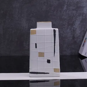 Geometric Pattern Gild Creative Unique White Square Flat Ceramic Flower Vase For Living Room thumbnail-3