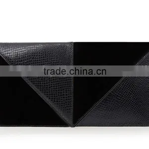 Black Patchwork Lizard Skin and Suede Leather Flat Envelope Hand Bag Clutch Bag Handbag for Women thumbnail-2