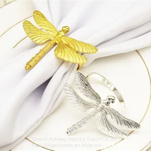 Newest Metal Alloy Dragonfly Napkin Rings Gold and Silver Color for Table Decoration Table Buckle thumbnail-1