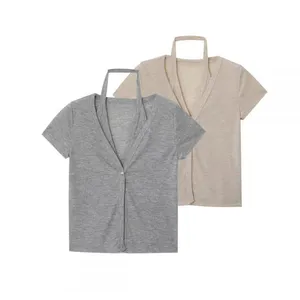 2025 New Women's Clothing French Fashion Hanging Neck Collar Double Layered V-neck Stacked Wear Show Thin Short Sleeve T thumbnail-1
