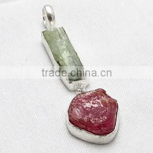 Delicate Rough Prehnite & Ruby 925 Sterling Silver Pendant, Wholesale Silver Jewellery, Silver Jewellery thumbnail-1