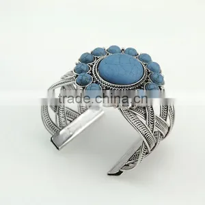 Latest Fancy Cross Design Jewelry Anti Silver Thread Turquoise Cuff Bangles thumbnail-2
