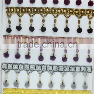 Color Polyester Pompom Tassel Fringe for Curtain,beads Pom Pom Fringe thumbnail-1