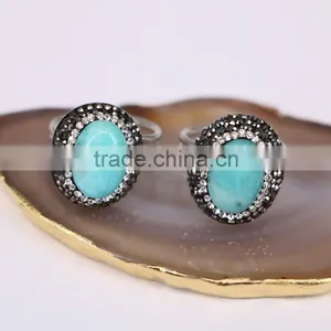 925 Sterling Silver Rings, With Natural Amazon Gemstone and Rhinestone Crystal Paved Adjustable Wide Rings, Gemstone Fashion Rin thumbnail-1