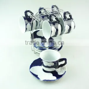 Cheap Wholesale Porcelain Blue Glaze Coffee Tea Set Tableware Cup and Saucer With Metal Stand thumbnail-2