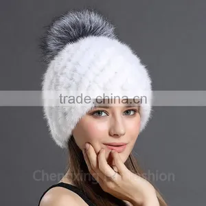CX-C-206B Fox Fur Ball Mink Fur Knitted Winter Pompom Hat thumbnail-2
