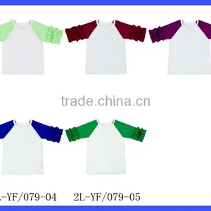 High Quality Raglan Sleeve Soft Cotton White Tops Fabric With Ruffle Green Sleeves Kids Girls Clothing thumbnail-6