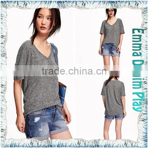 Latest Designer Ladies Sexy Loose Fit Short Sleeves Grey Cotton Heart V Neck T Shirts thumbnail-4