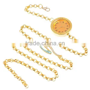 New Fashion Wrap Around Chain Bracelet Wrist Watch Round Golden Clear & Blue Rhinestone Findings 60cm,1pc,Customize thumbnail-1