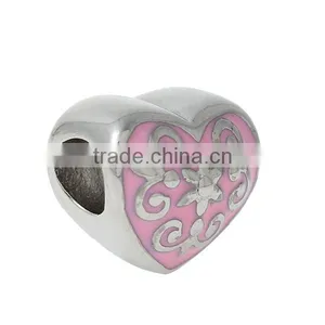 304 Stainless Steel European Style Large Hole Charm Beads Heart Silver Tone Fleur-De-Lis Carved Pink Enamel About 13mm x 12mm thumbnail-1