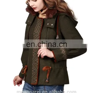 2015 Fashion Winter Warmth Short Coat Embroidered Draw String Hooded Rabbit Fur Collar Woman Coat thumbnail-3