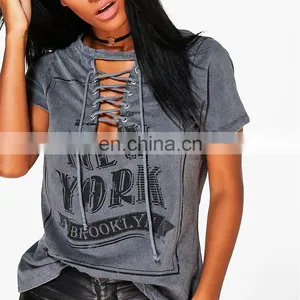 High Quality 100% Cotton Short Sleeve Washed Printed Women t Shirt thumbnail-2