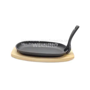 Oval Shape Cast Iron Steak Plate Sizzle Griddle With Wooden Base Steak thumbnail-1