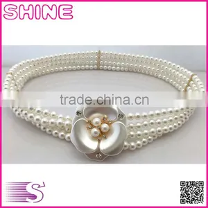 Korean Rhinestones Pearl Belt, Women Elastic Belt,Elegent Agraffe Decorate Big Flower Pearl Wide Chain Belt thumbnail-1