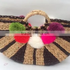 High Quality Best Selling Natural Water Hyancinth With Pom Poms Shopping Lady Handbag thumbnail-1