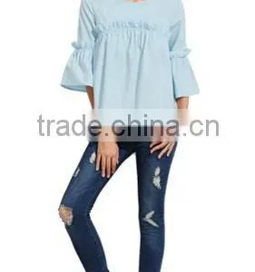 Women's Bell Sleeve Ruffle Trim Round Neck Pleated Blouse thumbnail-5