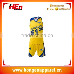 Hongen Apparel Custom Sublimation Printed Make Your Own Basketball Jersey Blue and Yellow thumbnail-1