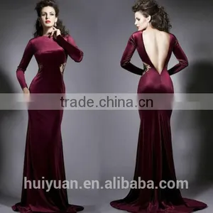 Purple Velvet Long Sleeve Backless Full Length Arabic Evening Gowns Dresses thumbnail-1