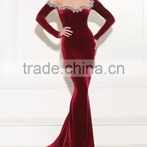 Wine Mermaid Style Long Sleeve Velvet Evening Dresses thumbnail-2