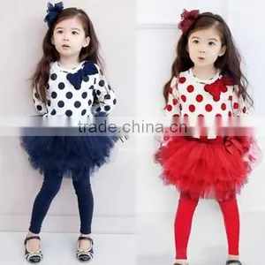 2014 New Girls Clohting Sets Spring Autumn Baby Dot Bowknot T-shirt Top+ Culottes Long Pants Kids TUTU Skirt Plus Size 20086 thumbnail-1