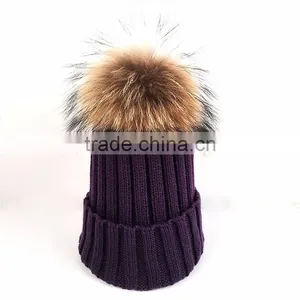 Myfur Wool Knitted Beanie Hats With Natural Color Raccoon Fur Pom Pom thumbnail-1