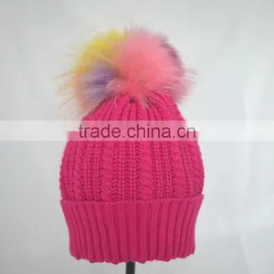 Myfur Rose Color Girls Winter Wool Hat With Removable Raccoon Fur Pom Pom thumbnail-4
