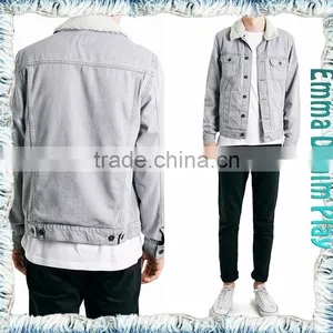 Mens White Grey Denim Jacket in Medium Worn Wash With Fur Collar thumbnail-4