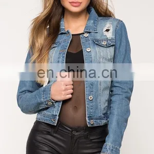 Wholesale Ripped Denim Jackets Light Wash Blue Distressed Denim Jacket thumbnail-2