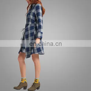 Fashion Navy Plaid Dress For Girls Long Sleeves Blouse Dress Different Colors Available thumbnail-3