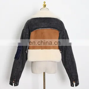 Winter 2020 Women New Fashion Thick Warm Denim Coat Tailored Collar Stitching Contrast Color Lamb Wool Loose-fitting Jacket thumbnail-5