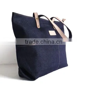 High Quality Navy Denim Bag Denim Tote Bag With Leather Trim thumbnail-2