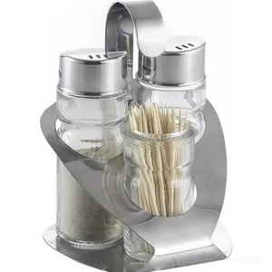 Glass Salt Pepper Toothpick Condiment Set With Stainless Steel Rack thumbnail-2