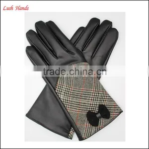 Ladies High-quality Black Leather Gloves With Checked Cloth Handback thumbnail-5