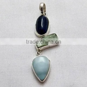 Artisan Kyanite & Prehnite & Larimar 925 Sterling Silver Pendant, Gemstone Silver Jewelry, Handmade Silver Jewelry thumbnail-2